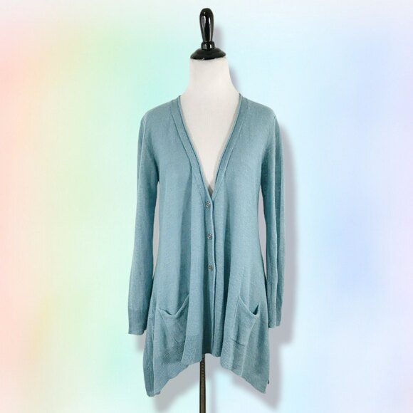 Eileen Fisher Petite Cardigan PP Blue 3‎ Buttons Angled Hem Linen beach - Picture 1 of 5